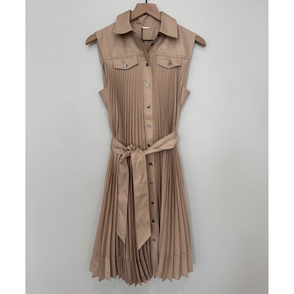 NWT Elie Tahari Mushroom Tan Pleated Sleeveless Belted Midi Shirt Dress Luxury M